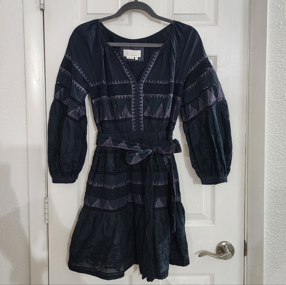 ​Anthropologie Skye Embroidered Mini Dress Navy Blue Boho Balloon Sleeve S